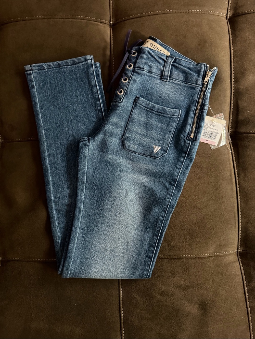 Guess Girls Medium Blue Stretch Skinny Jeans with Side Zip & Lace-Up